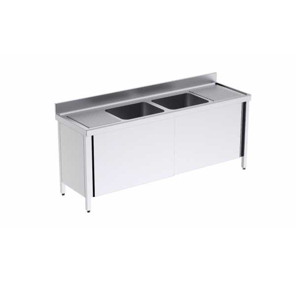 DISTFORM - Plonge 2 bacs 2 égouttoirs longueur 2000 profondeur 600 avec portes