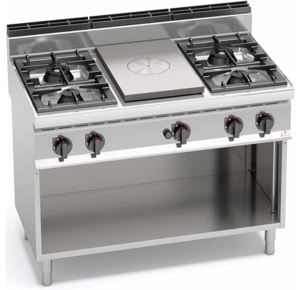 BERTO'S - Fourneau 4 feux + plaque coup de feu sur gaz GN2/1 G7T4P4F+FG - MACROS 700