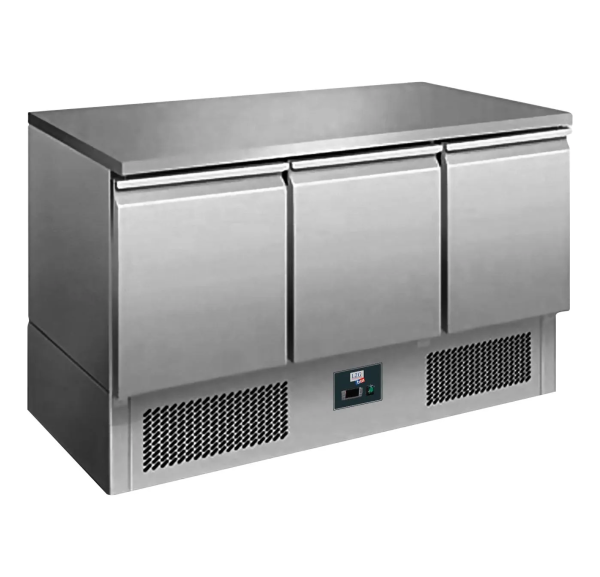 Desserte réfrigérée inox centrale +2/+8°C dessus inox 3 portes GN1/1