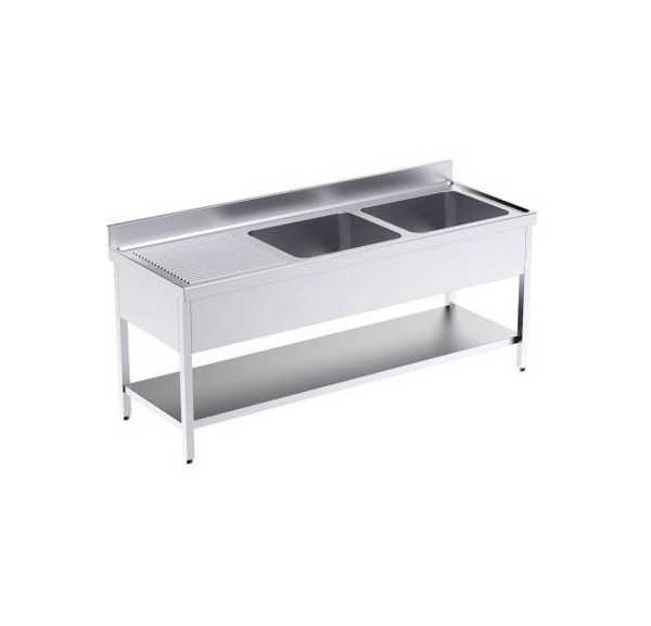 DISTFORM - Plonge 2 bacs 1 égouttoir à gauche longueur 2000 profondeur 700 et 1 étagère